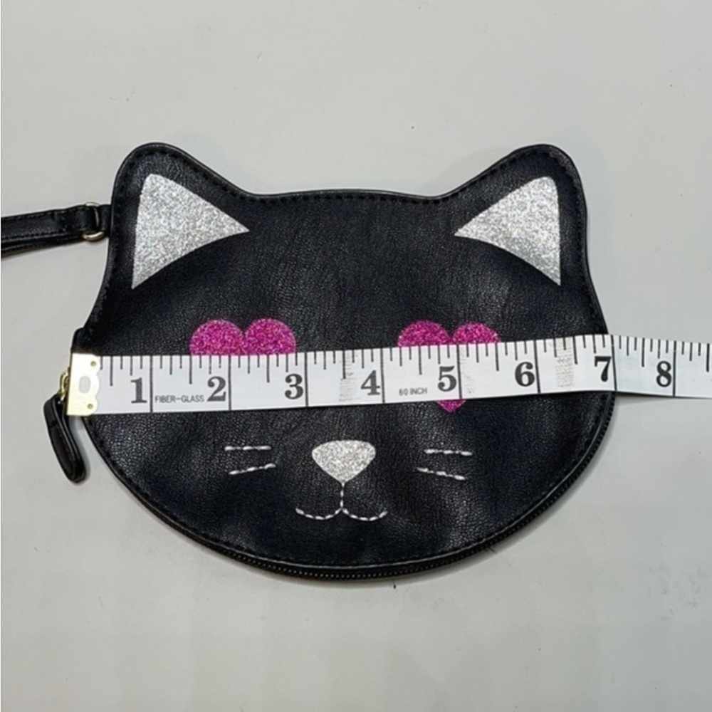 BETSEY JOHNSON PURSE BLACK PINK CAT WRISTLET KEY BAG PINK GLITTER HEART EYES NEW - Picture 4 of 10